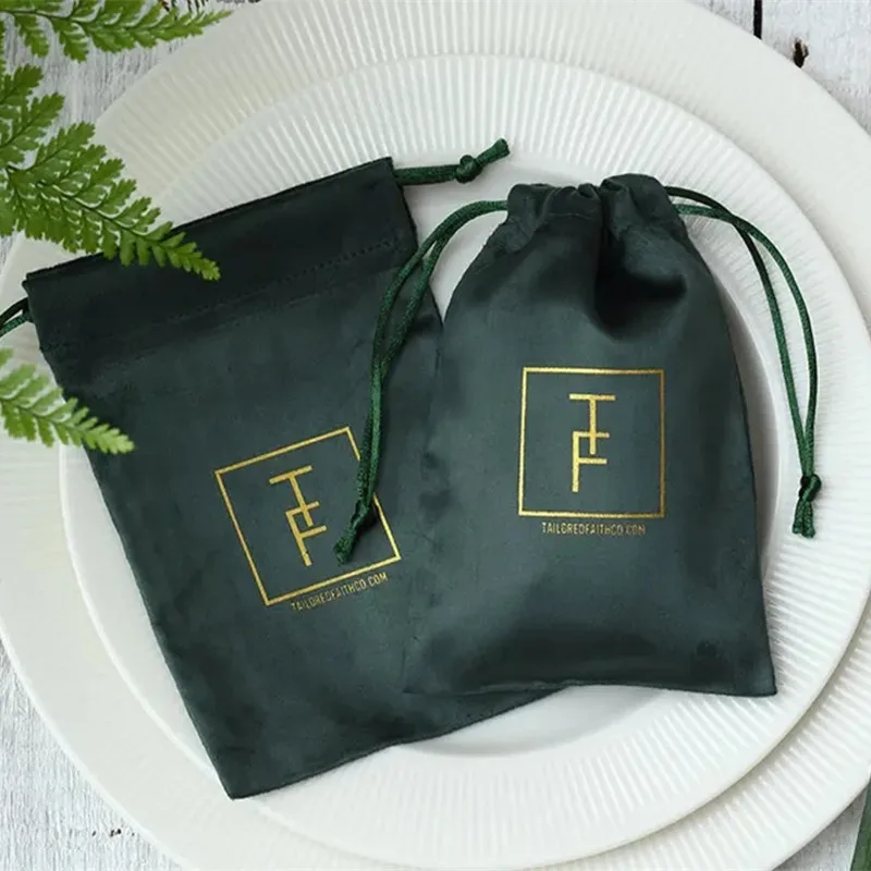 

50 dark green bags personalized with your logo custom drawstring bags jewellery packaging chic drawstring pouch premium Cotton