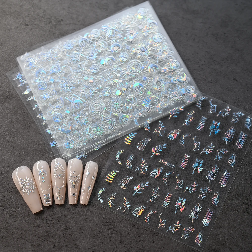 12 pz/set 3D Argento Laser Sole/Stella Luna Adesivo Per Unghie Olografico Abbronzante Foglia di Rosa Decalcomania Del Chiodo Adesivo Unghie Artistiche Decora 8*10 cm
