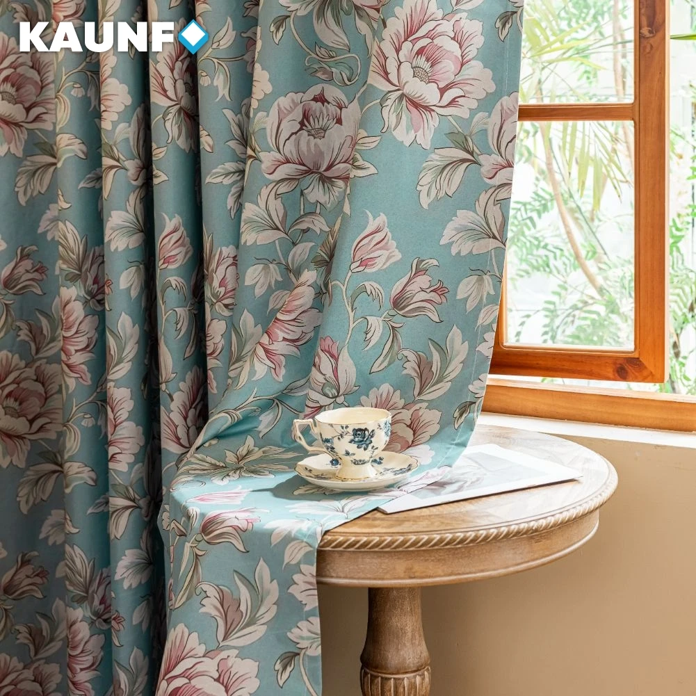 American Countryside Floral Curtains for Living Room Bedroom Warm Print with Blue Background Pattern Window Drapes 1PC