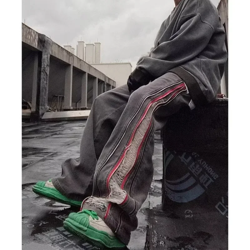 LIBIELIY أربعة مواسم الرجال فضفاض وهمية سستة مخطط رمادي الجينز المظلة السراويل شارع العليا التجفيف السريع العصرية واسعة الساق Dnim P