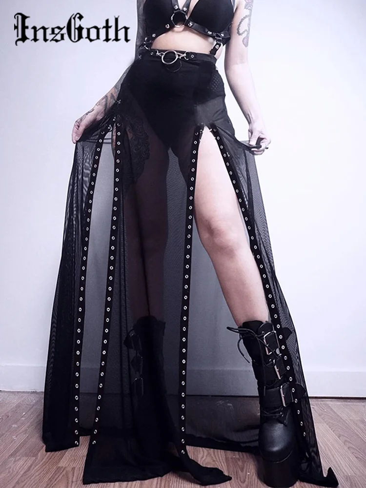 InsGoth Harajuku Punk Black Hollow Out Skirt Y2K Goth Grunge Patchwork Eyelet Split Long Skirt Summer Sexy Night Club Skirt