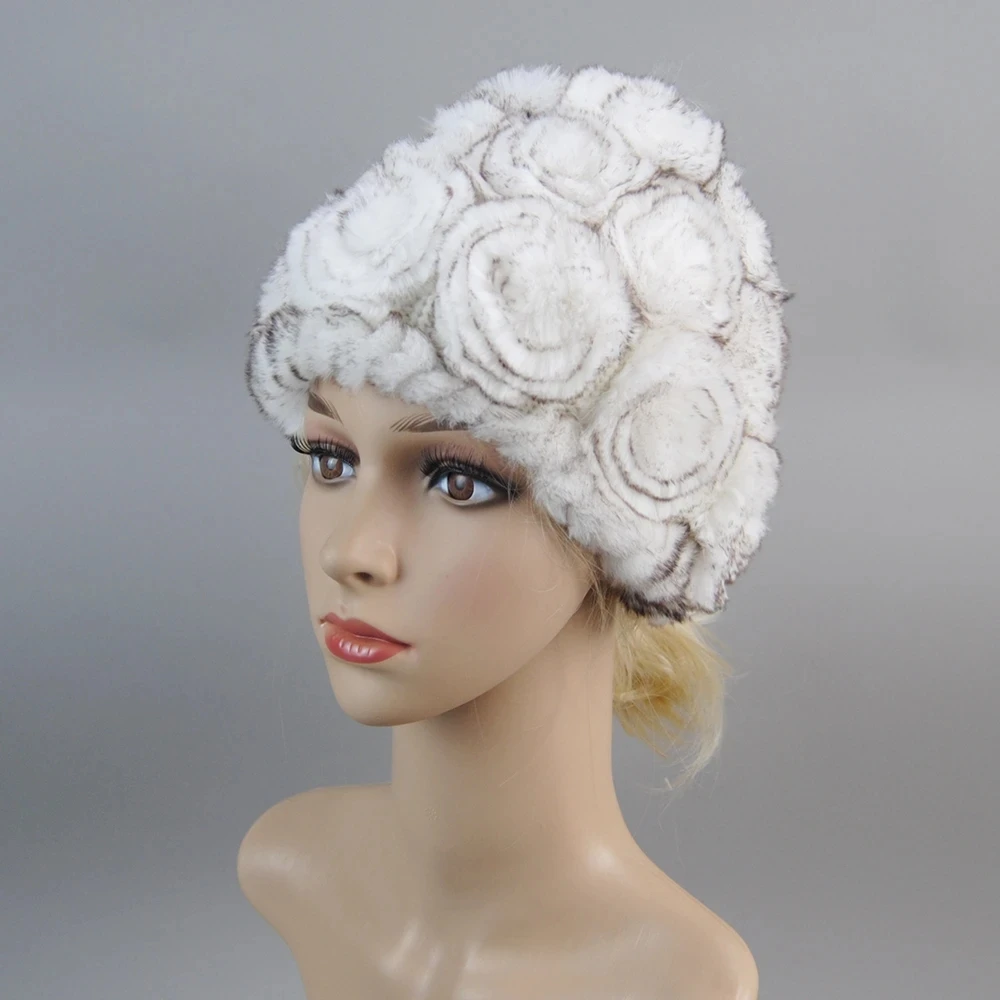 New Winter Floral 100% Genuine Rex Rabbit Fur Skullies Hats Russian Lady Knitting Real Fur Caps Women Natural Fur Beanies Hat