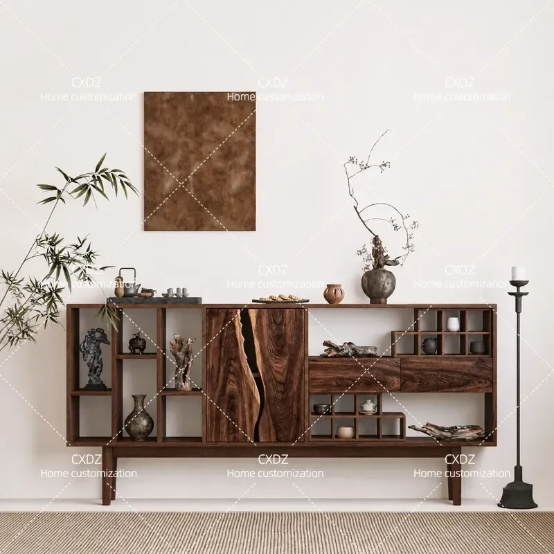 Wabi Side Cabinet Lattice Solid Wood Retro Multi-layer Storage Unit Chinese Teacup Display Rack Bogu Shelf