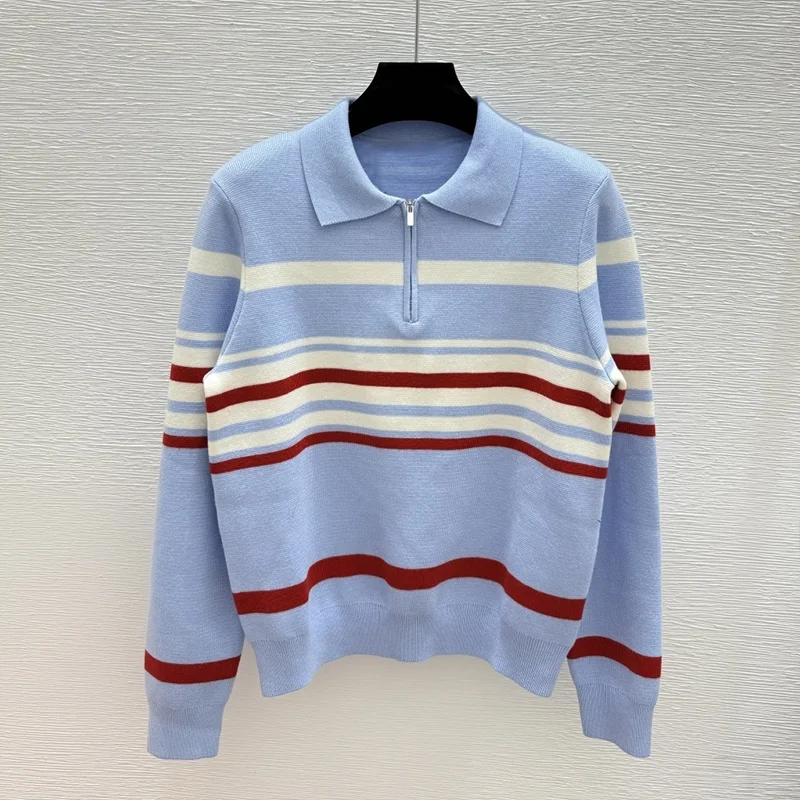 

Высококачественный разноцветный полосатый женский вязаный свитер на молнии спереди, новый стиль, классический пуловер 25916116