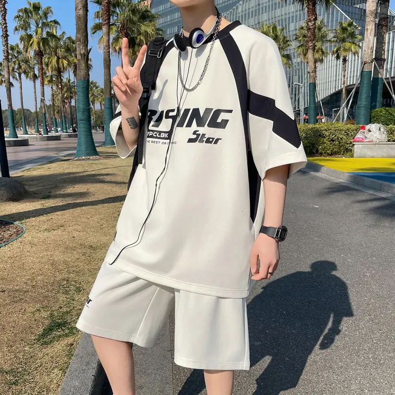 Conjuntos de verano para hombre, ropa de calle, camisetas de manga corta + Pantalones cortos, ropa deportiva transpirable de estilo chino para hombre, trajes de 2 piezas