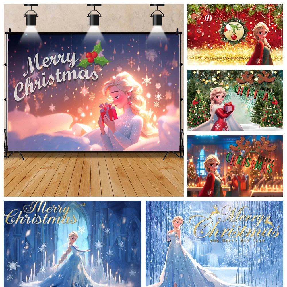 

Christmas Princess Elsa Cartoon Kid Birthday Party Banner Backdrop Custom Disney Childs Room Photography Poster Decor Background