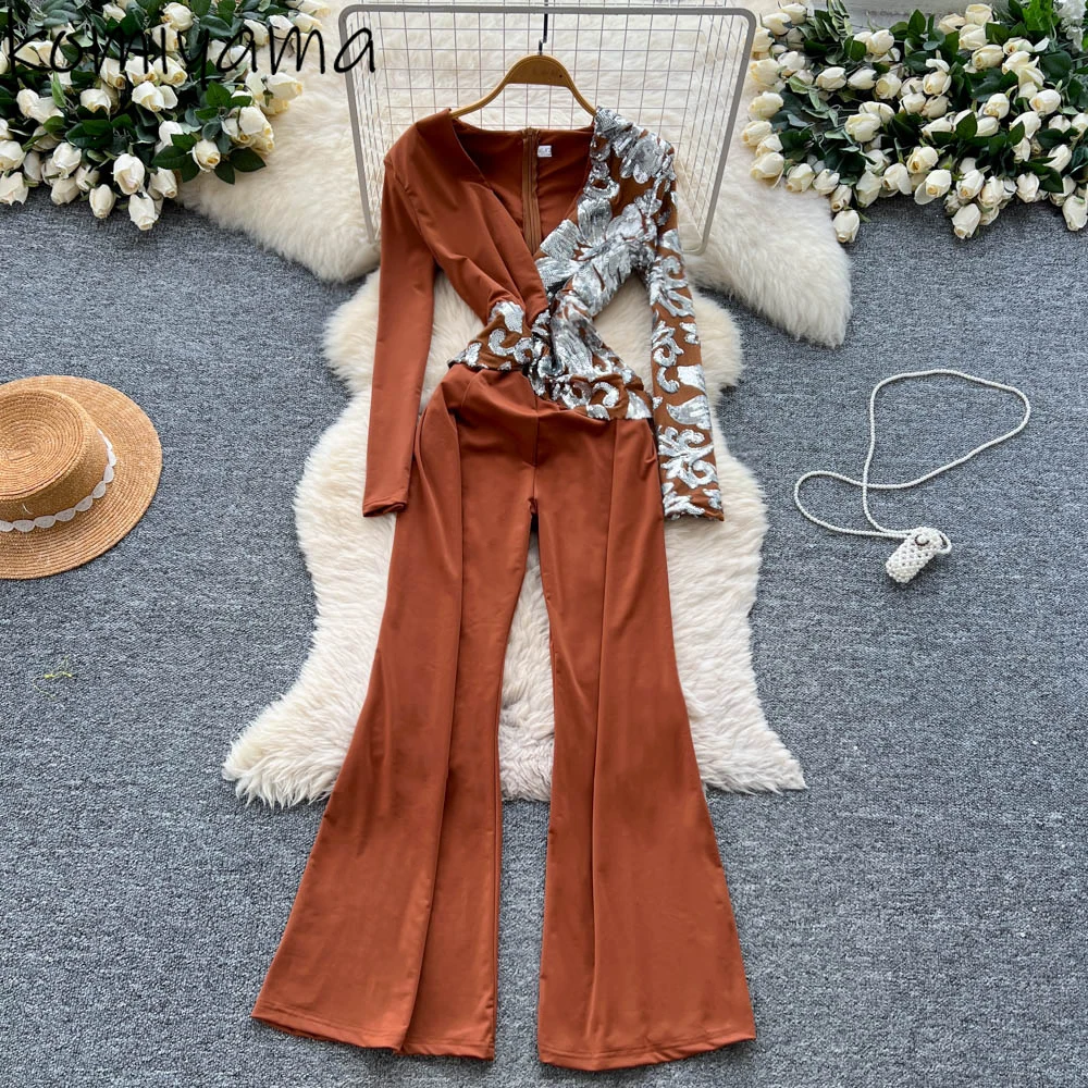 

Bling Sequin Flare Jumpsuits V-neck Long Sleeve Jumpsuit Woman High Waist Combinaison Femme Elegant Ropa Mujer Monos Largos