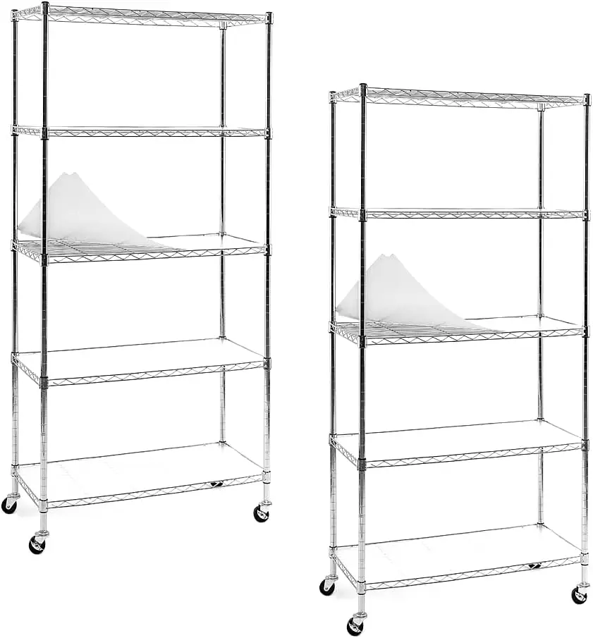 Efine 2-Pack Chrome 5-Shelf Shelving Units And Storage Rack On Wheels With Shelf Liners Set Of 5, Nsf Certified, Adjustable