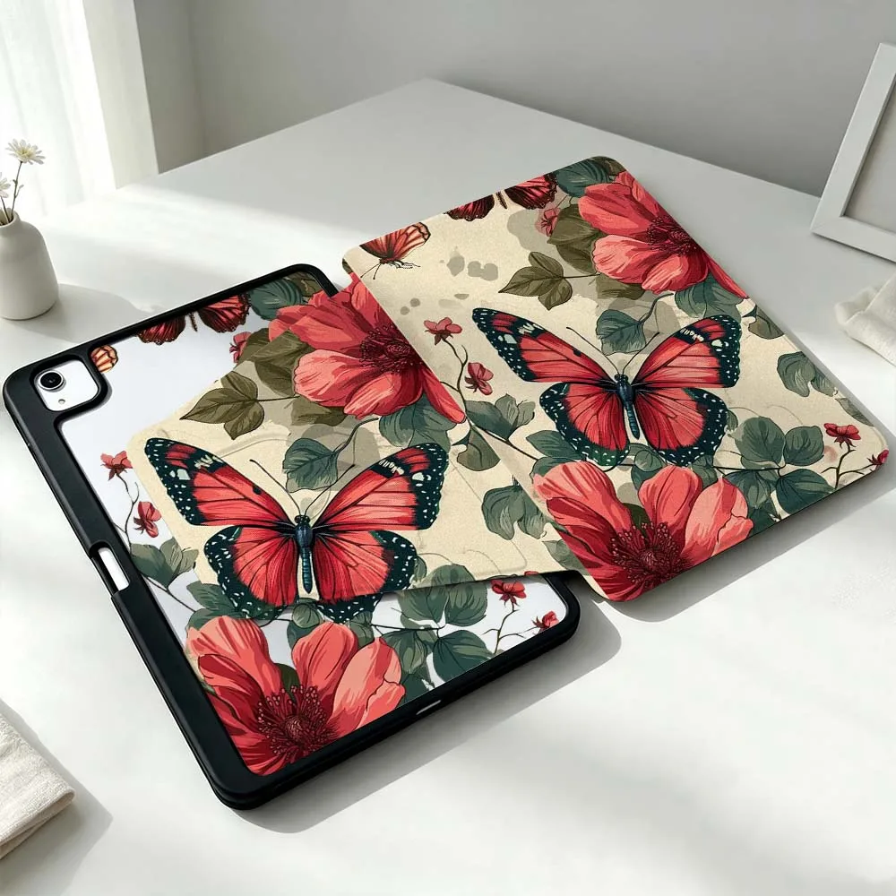 Artistic Red Butterfly Flowers For Xiaomi Mi Redmi Poco Pad 8 7 7S 6 6S 5 SE Pro Ultra 360° Rotation Stylus Storage Tablet Case