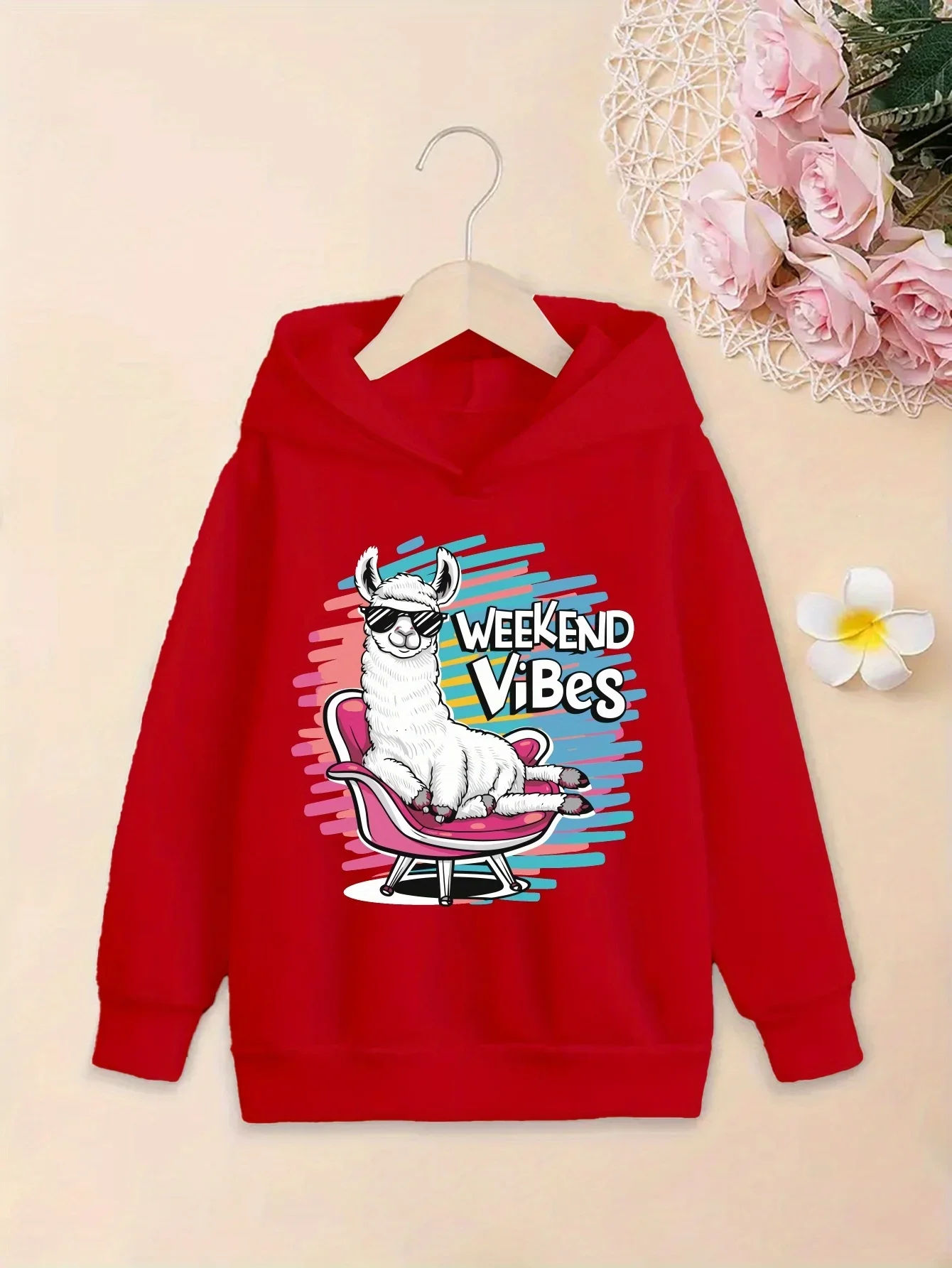 Weekend Vibes Cool Llama Kids Hoodie Autumn Winter Fleece Warm Sunglasses Graphic Print Casual Pullover Sweatshirt
