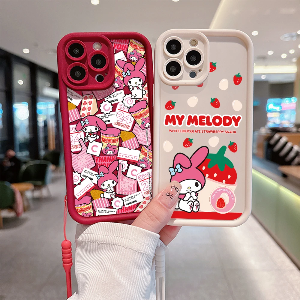 Urocze etui na telefon Kawaii Sanrio Melody do iPhone\'a 15 14 13 12 11 Pro Max Mini XR XS X 7 8 Plus Miękka tylna obudowa TPU z paskiem na rękę