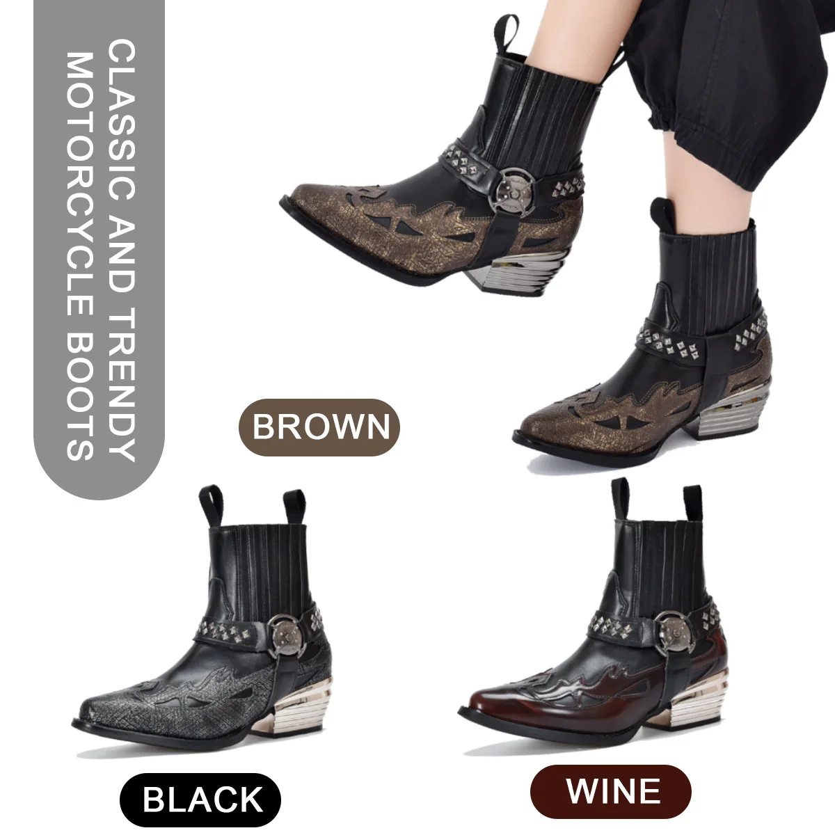 Womens Chunky Heel Ankle Boots Retro Western Cowboy Pointed Toe Distressed Scale Shoes Autumn Winter
