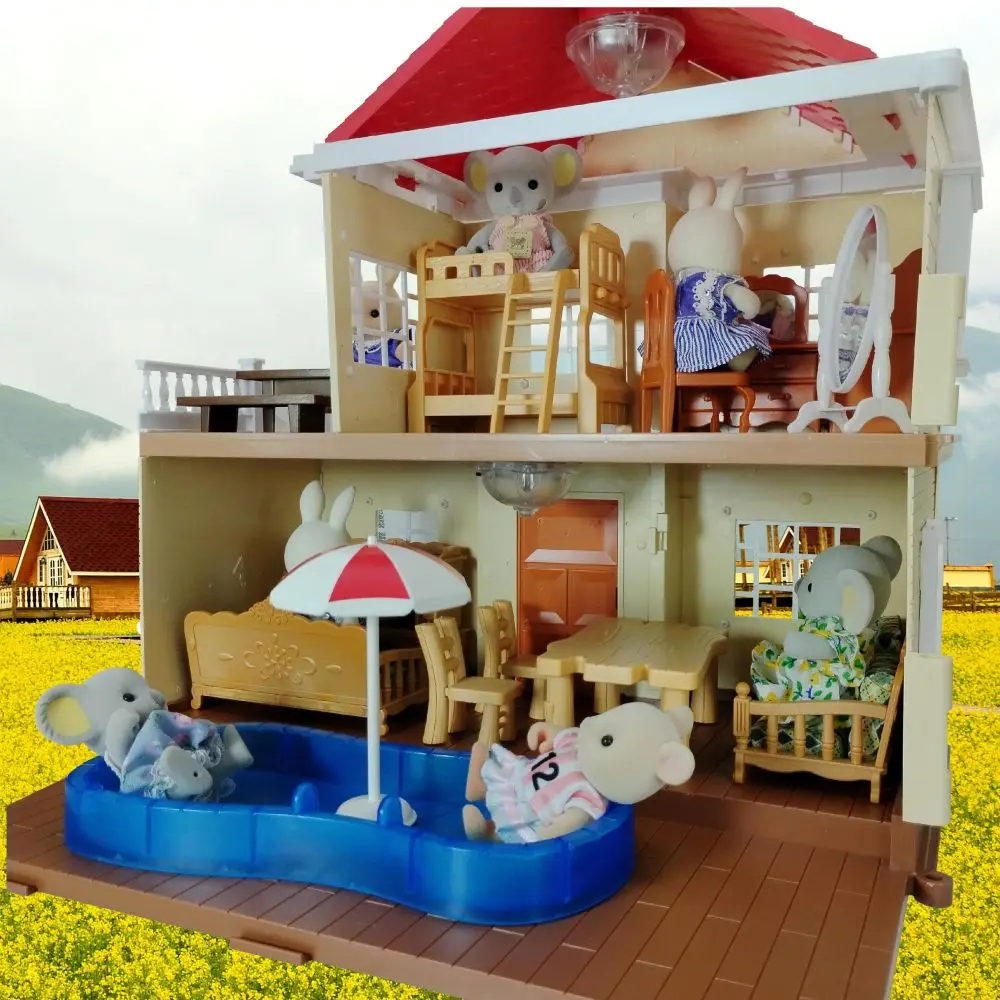 Toys For Kids Forest Family Two-story Dollhouse With Stair kitchen bathroom Miniaturas Accessories Furniture Animal Bunny Dolls