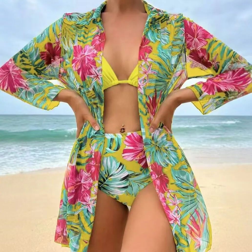 

3 Pieces Triangle Halter Bikini 2025 Print Swimwear Female High Waist Swimsuit Women & Kimono Bathers Bathing Swimming Swim Suit