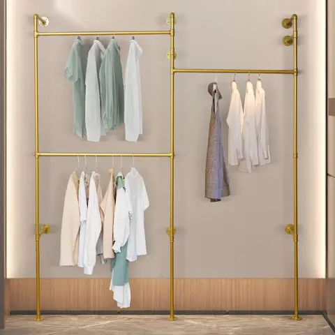 Gold 3-Tier Clothing Rack Wall Mounted Industrial Pipe Garment Rack Heavy Duty Metal Garment Frame for Home Clothing Store Hotel