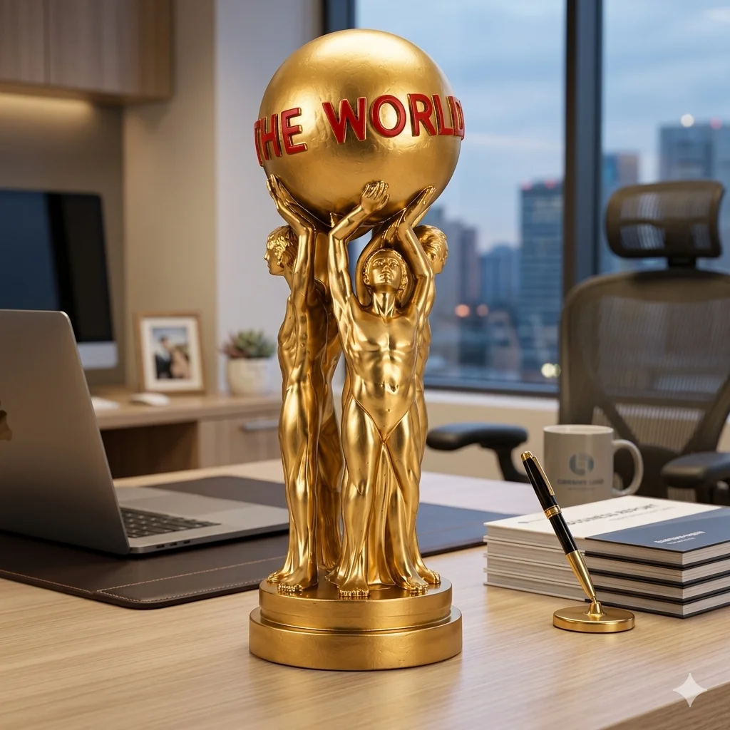 Sculpture de globe terrestre de luxe en résine dorée, statue « Le monde est à vous », figurine pour la décoration du salon, du bureau ou de la bibliothèque