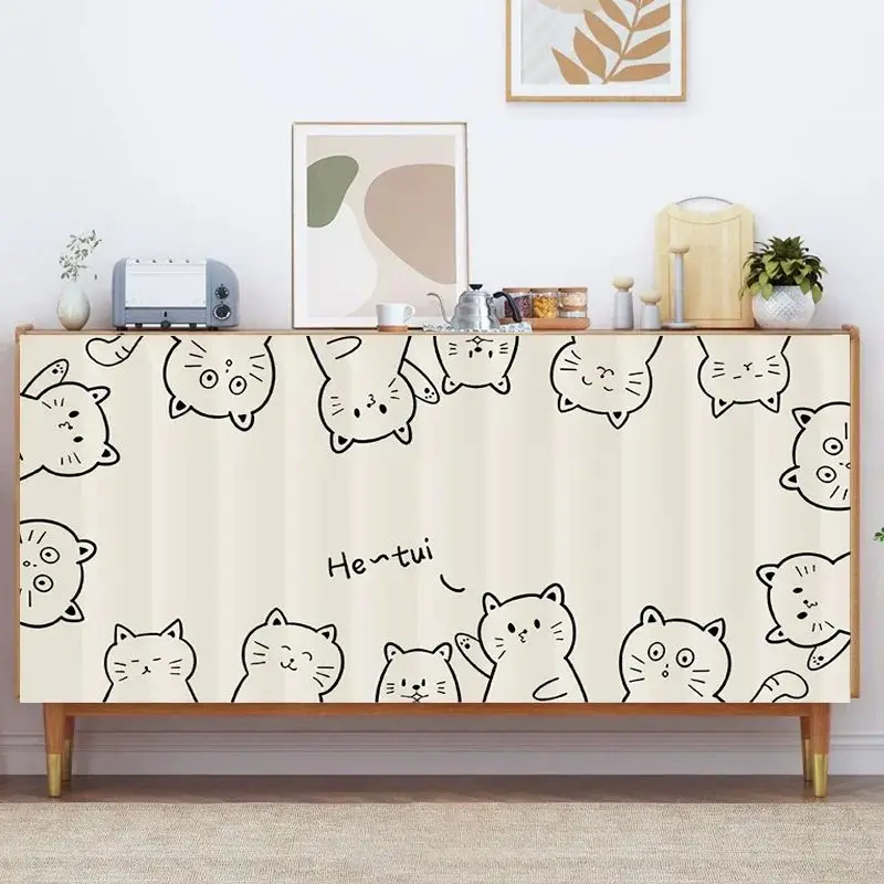 VIKAMA Cute Black Cat Line Art Cabinet Curtain, 6 Designs, Dust Cover for Kitchen Closet Shelf Bedroom