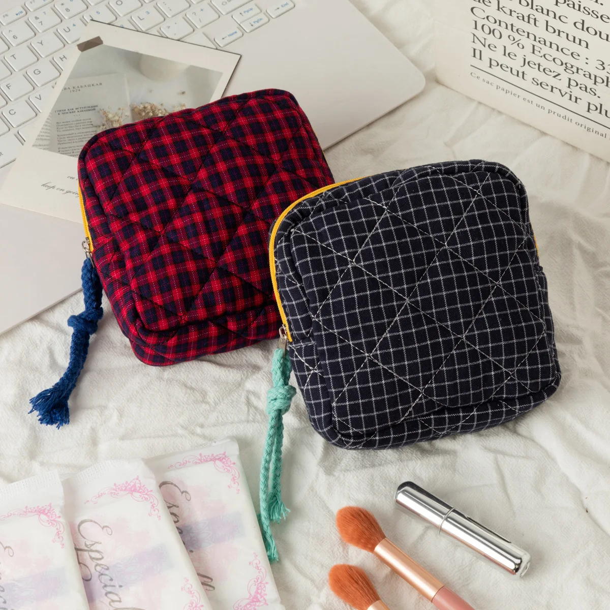 Aesthetic Checkered Coin Purse Mini Grid Toiletry Organizer Pocket Travel Earphone Lipstick Keys Storage Pouch Bag For Students