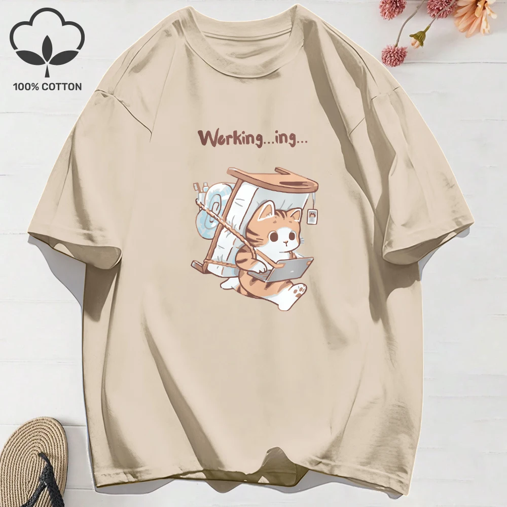Summer Cotton T-Shirts Women A Sick Cat That Never Forgets To Work Prints T Shirt O-Neck Comfortable Loose Tops Basic Clothes