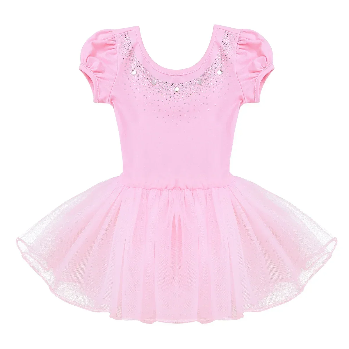 

Gymnastics Leotard Girls Ballerna Tutu Dress Kids Mesh Dancewear Short Bubble Sleeves Sparkly Rhinestones Ballet Dance Dress