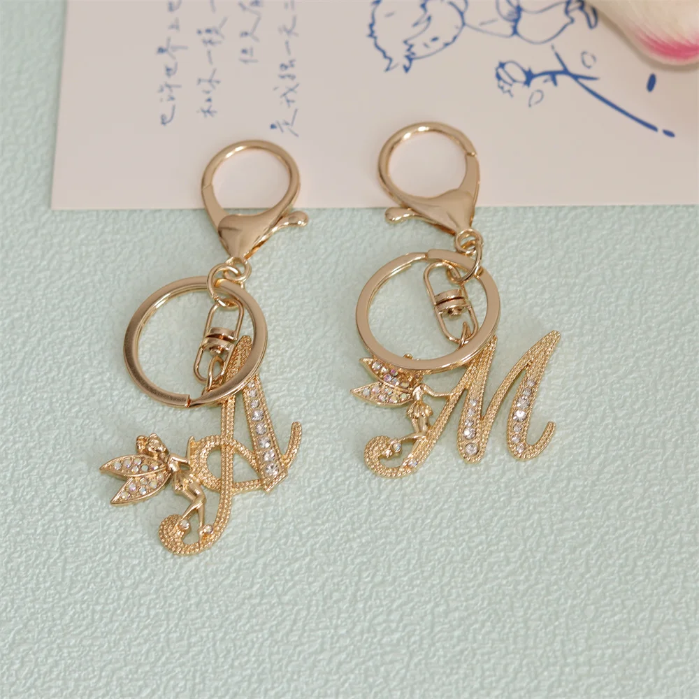 Rhinestone Fairy Angel 26 Initials Keychain A-Z Letter Key Rings Handbag Decoration Jewelry For Women Girl Friendship Gift