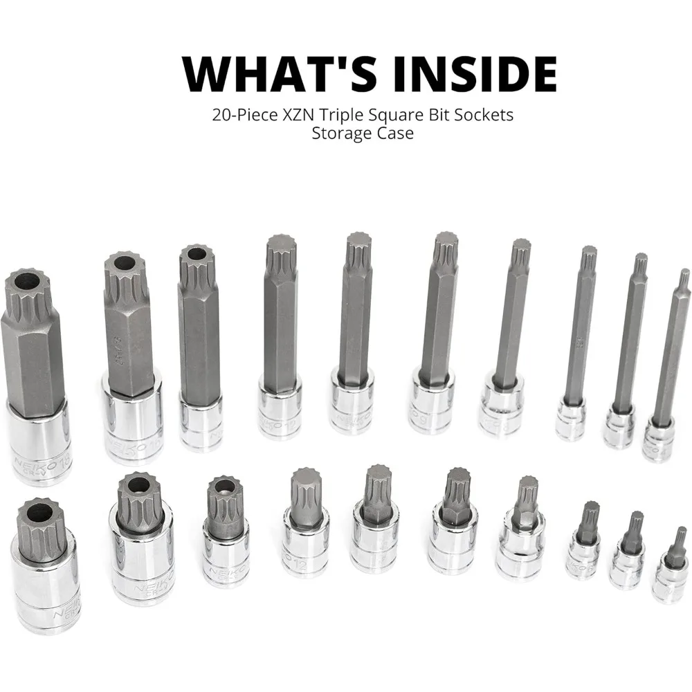 Juego de 20 piezas de casquillos extra largos de 4 estriados, 4 mm a 18 mm, puntas de accionamiento cuadradas a prueba de manipulaciones de 12 puntos