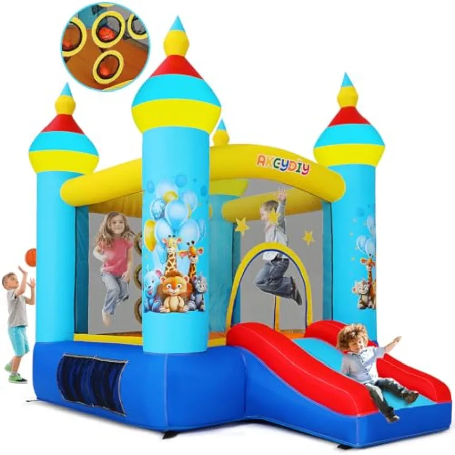 

Inflatable Bounce House with Slide Blue Zoo Park Jumping Castle Bouncer for with Blower Ball Shooting Bouncy House Jump House O