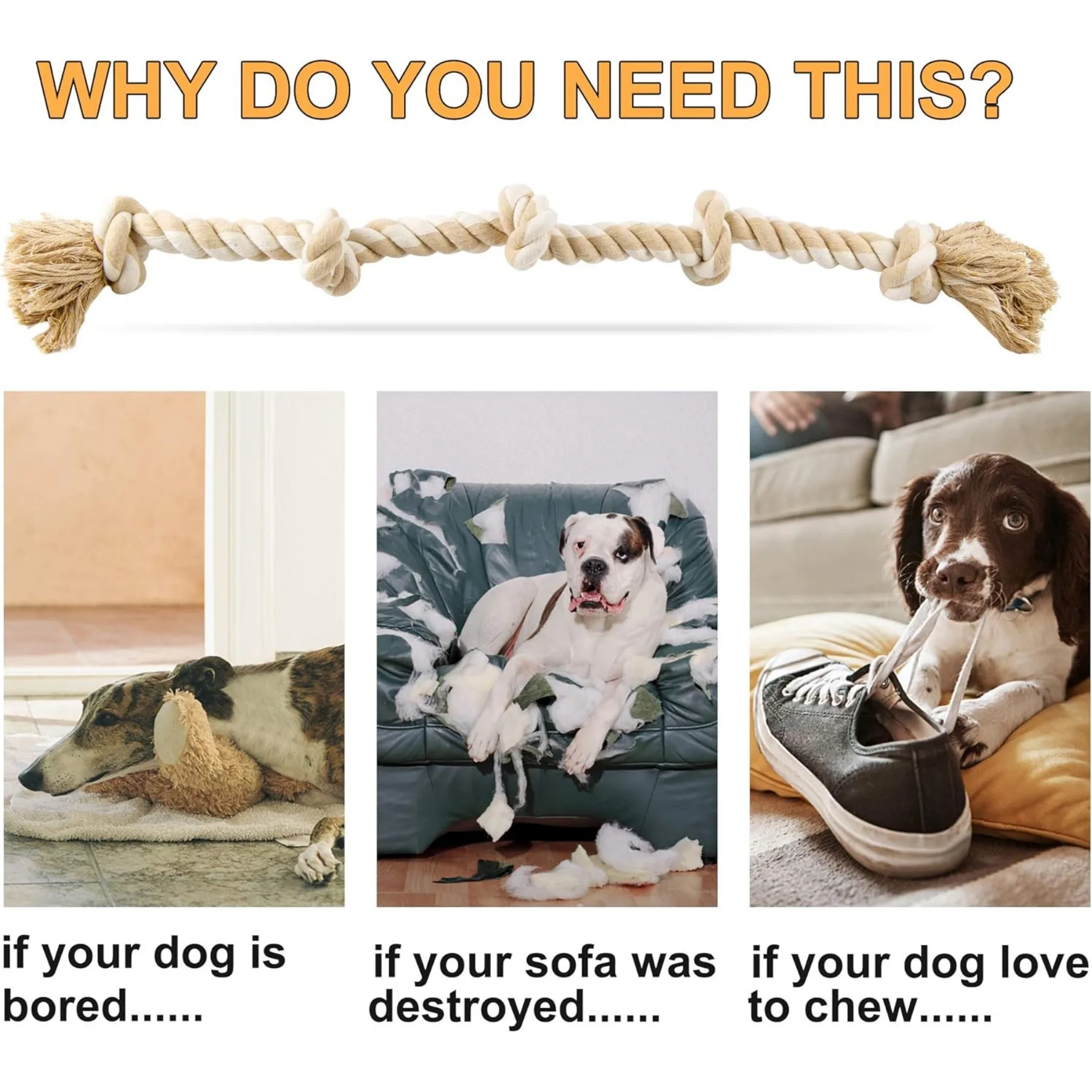 Игрушки из веревки для собак для больших/средних агрессивных пробок, жевательная игрушка из прочного хлопка, 3 фута, 5 узлов, неразрушимые