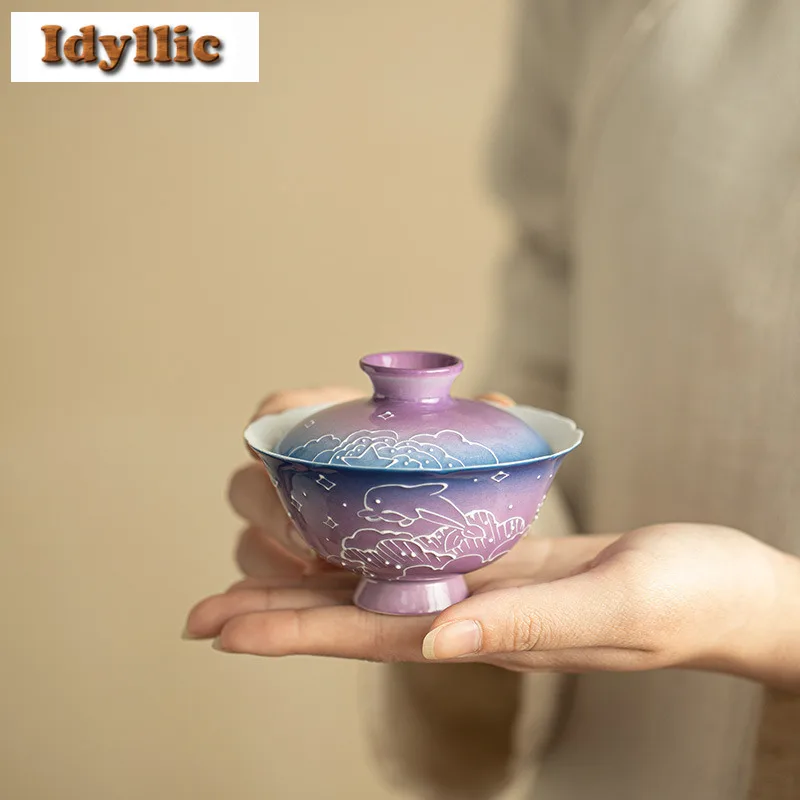 

100ml Hand Painted Dolphin Starry Sky Gaiwan Zen Tea Tureen Tea Bowl With Lid Kit Tea Making Cover Bowl Tea Ceremony Decoration