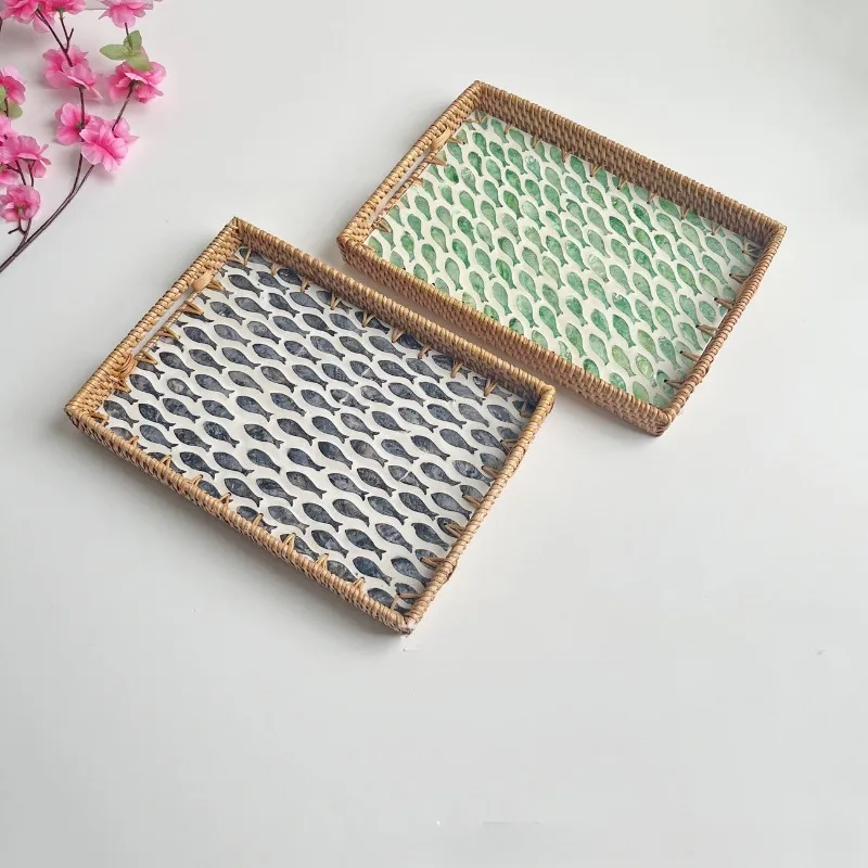 Creative Rattan Shell Tray Handmade Natural Seashell Storage Basket Home Decorative Storage Tray Living Room Organizer Ornaments