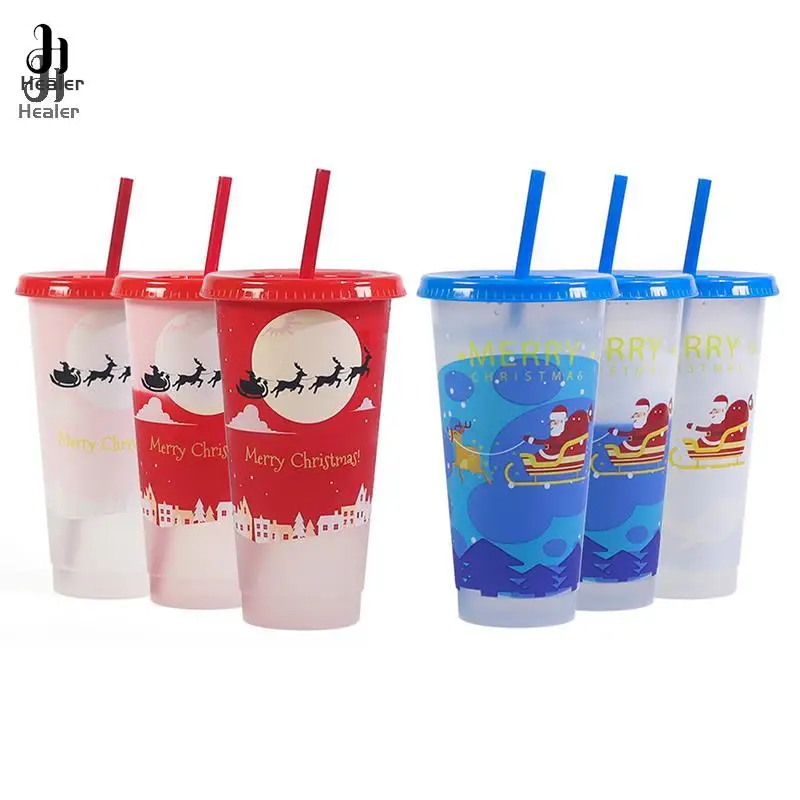 710ml Christmas Reusable with Straws Creative Water Cups Changing Colour Cup Magical Plastic Cold Water Color Changing Cup