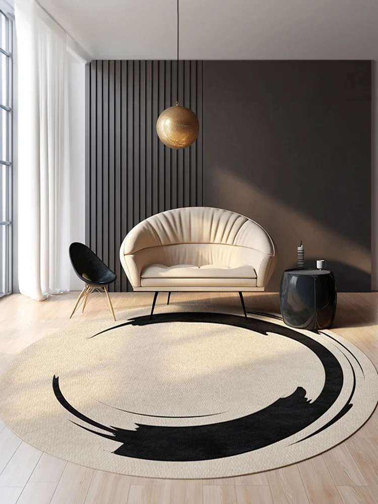 Living Room Carpet Round Simple Light Luxury Bedroom Carpets Black Ring Geometric Rug Stain-Resistant Swivel Chair Rugs Alfombra