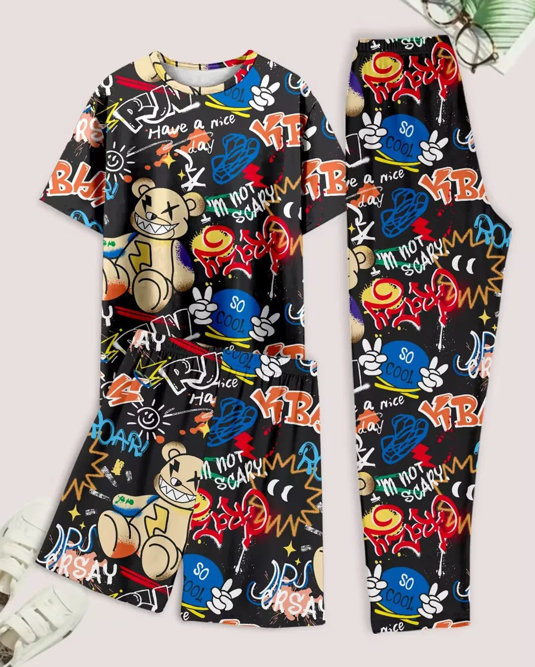 Men's casual pajama set of 3 pieces, bear-print short-sleeved T-shirt, shorts, and pants, comfortable summer clothing