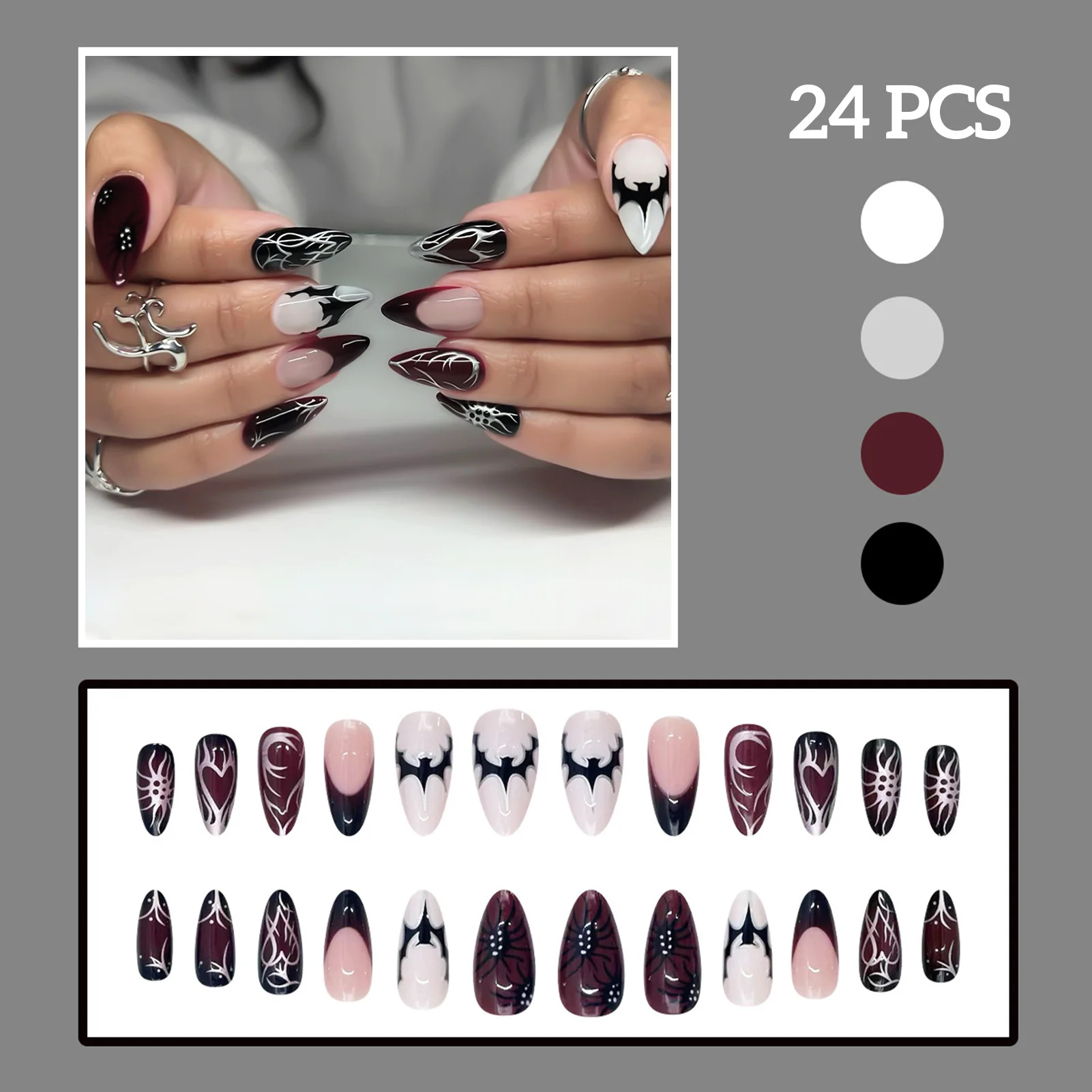 24 قطعة Y2k الشرير نمط أظافر صناعية التدرج أسود أحمر فريش هالوين الصحافة على الأظافر الخفافيش العنكبوت نمط مطبوعة وهمية مسمار بقع #2