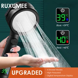 Intelligent Temperature Display LED Shower Head High Pressure 4 Modes Adjustable Rainfall Shower Water Saving Bathroom Acessory