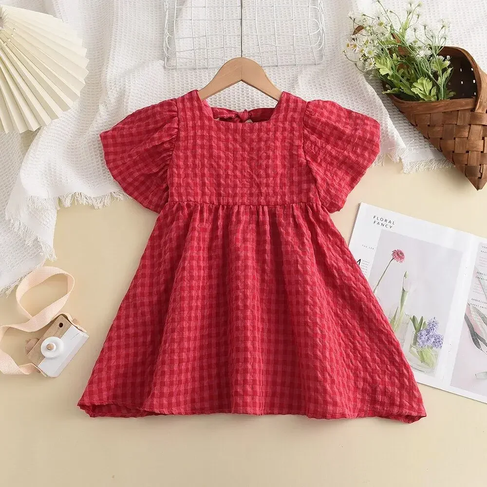 Red Princess Checkered Fairy Tale Bubble Sleeve Dress Summer New Style Girls' Casual Costume Birthday Party Children Aged 3-7