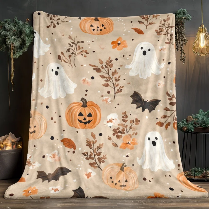 1PC Halloween Ghost Pumpkin Floral Soft Plush Flannel Blanket Lightweight Durable for Upholstering Home Decor