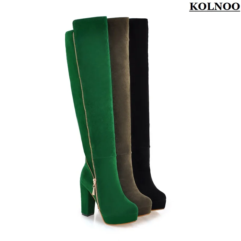 Kolnoo Handmade New Arrival Womens Chunky Heels Knee Boots 3-Colors Options Platform Sexy Booties Evening Fashion Winter Shoes