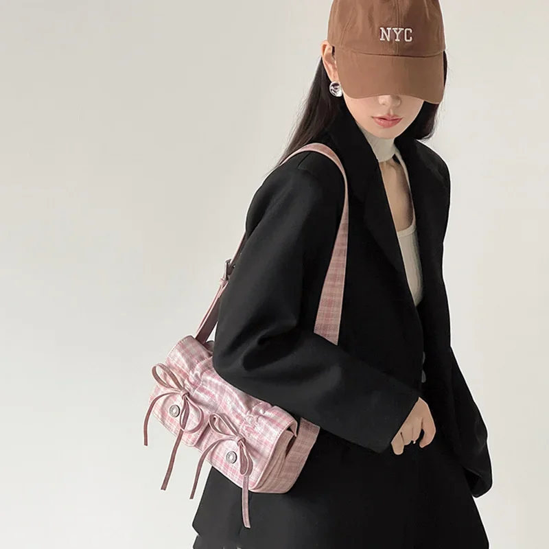 Pink Bow Ruched Armpit Bag Fashion Plaid Pleated Womens Shoulder Bag New Casual Sweet Literary Exquisite Messenger Armpit Bag