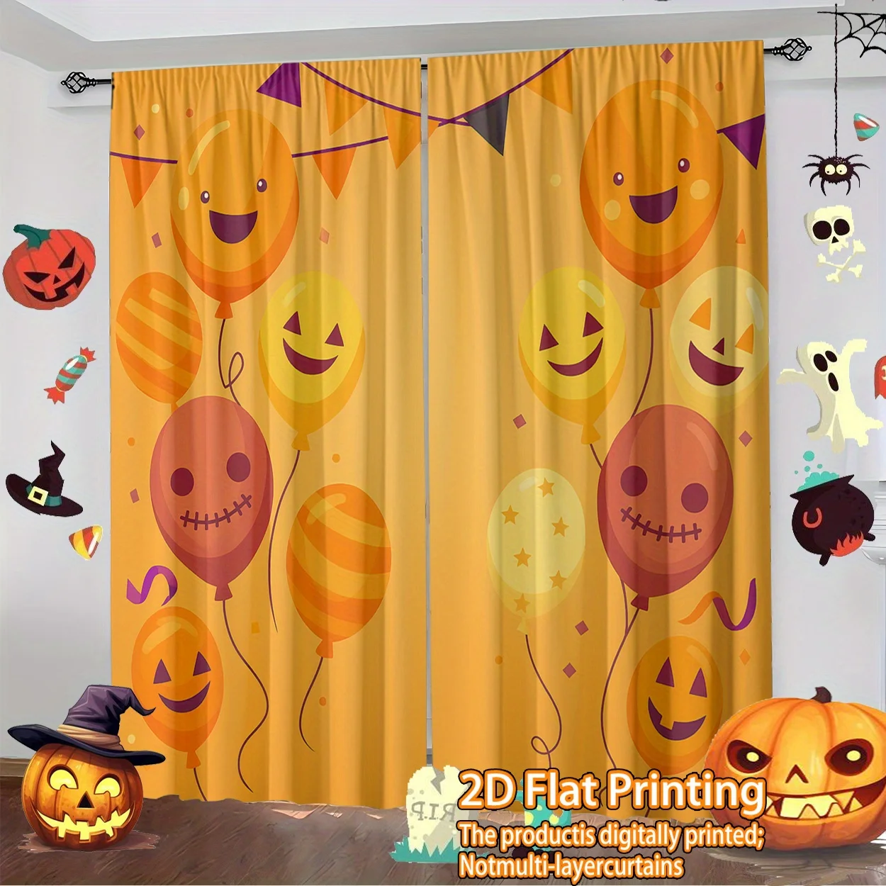 Festive Halloween Balloon Curtains Spooky Season Window Decor Digital Print Panels for Fall Party Storage Closet Window Dressing