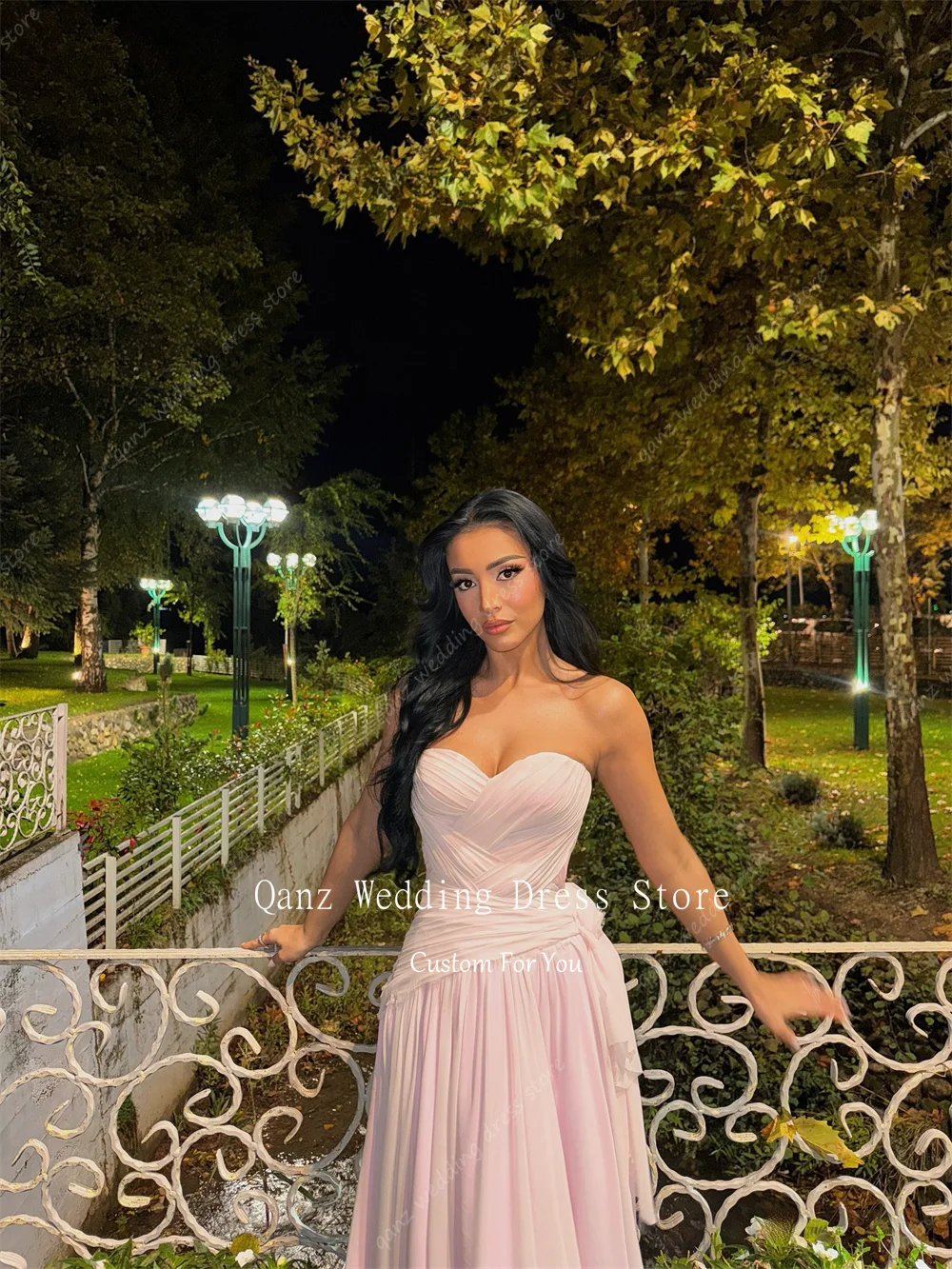 Qanz Elegant Chiffon Evening Dresses Satrpless Long A Line Dress For Wedding Guest Elegant Backless Robes De Soirée Customized