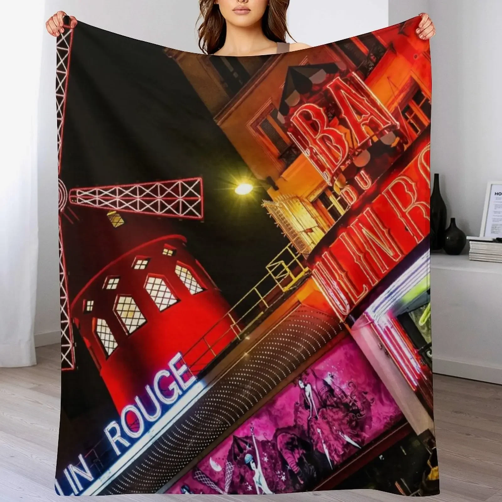 The Moulin Rouge by Night. Paris Throw Blanket Shaggy Furry Soft Blanket for Bedroom Living Room