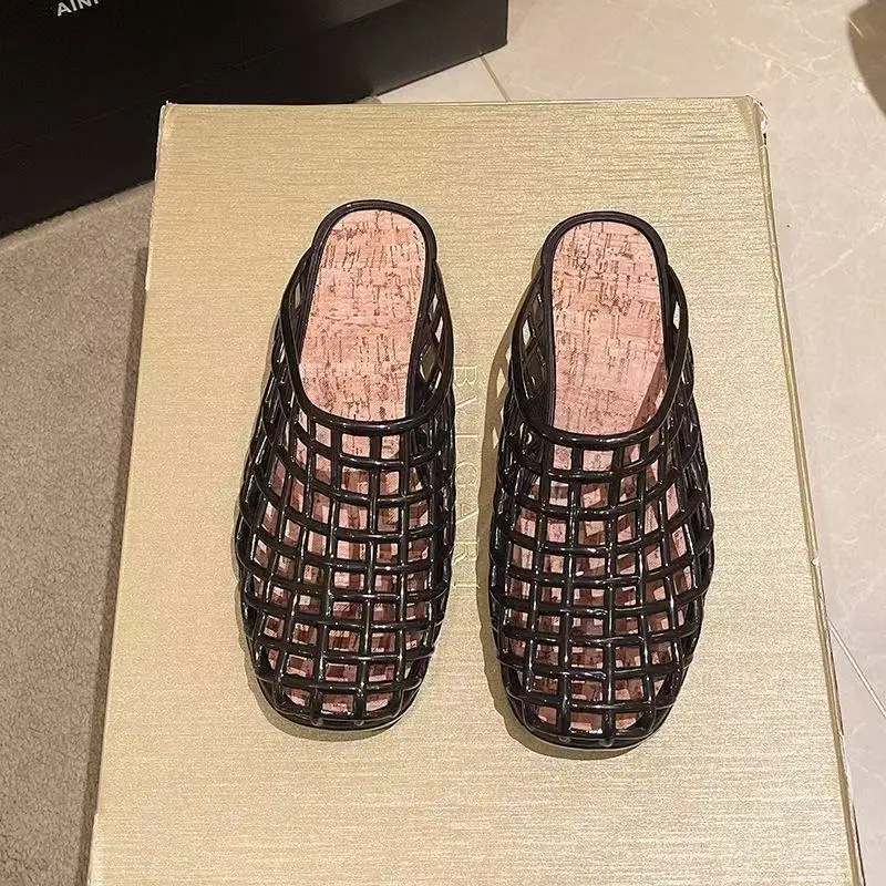 2026 Women's New luxury brand Flat slippers with Hollow PVC Breathable Summer Outerwear Baotou Bag and Casual slippers