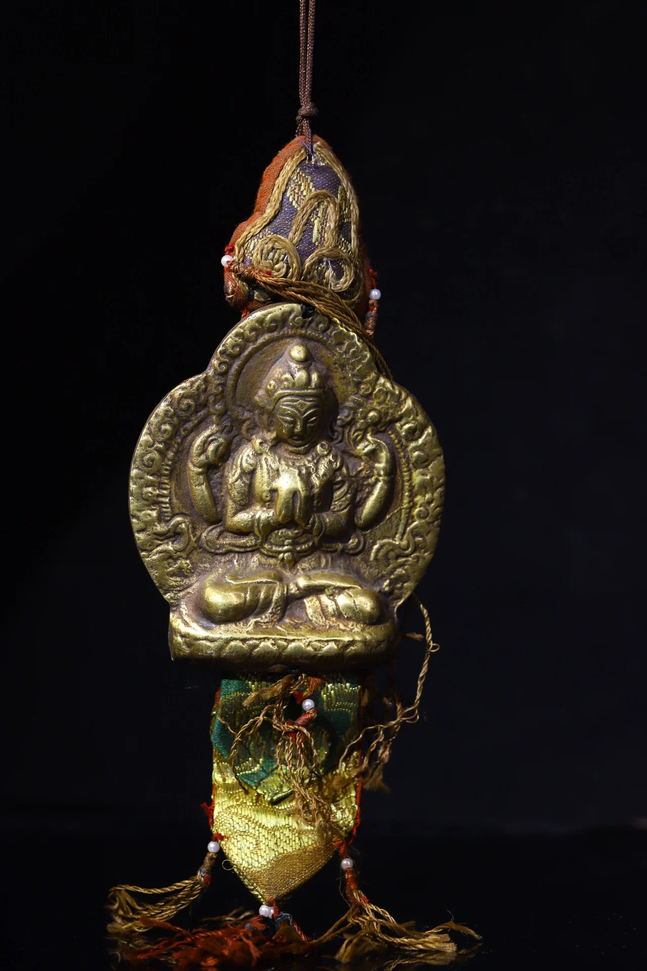 

13"Tibetan Temple Collection Old Bronze Four-armed Guanyin Amulet pendant prayer flags hanging screen Town House Exorcism