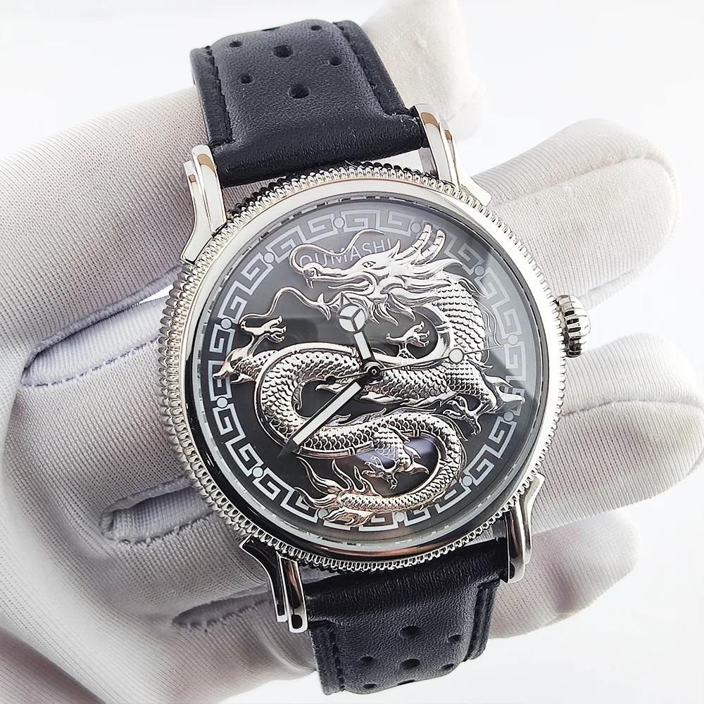 

Роскошные мужские часы 41 мм, механические часы с автоматическим механизмом, часы с циферблатом с рисунком дракона, часы с кожаным ремешком, мужские часы высокого качества