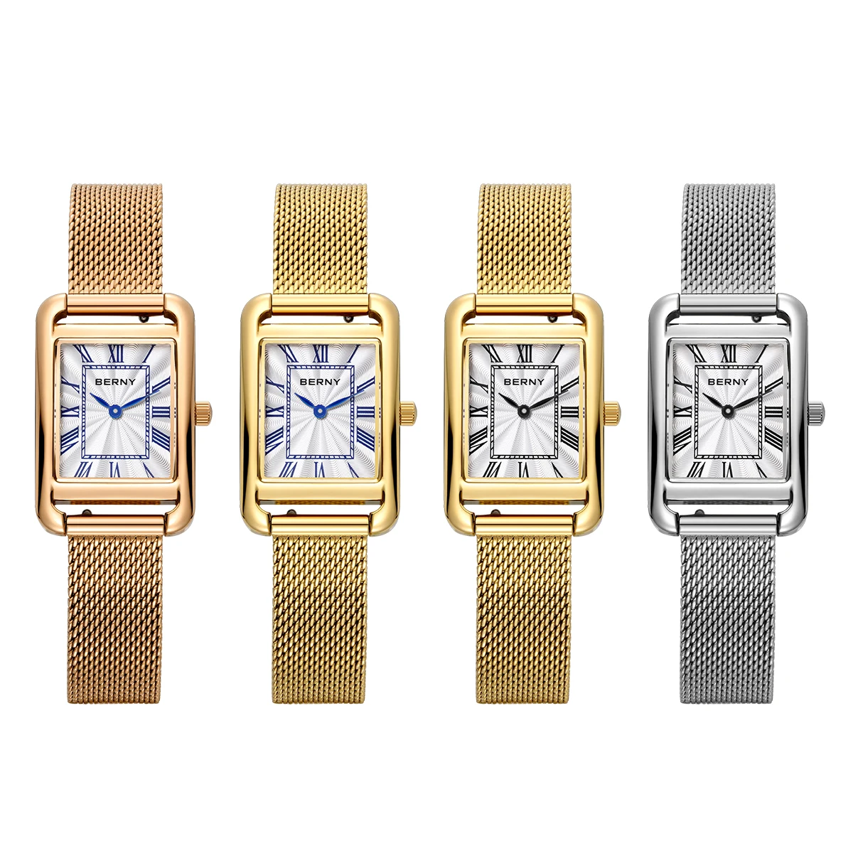 BERNY Rectangle Women Wristwatch Quartz Fashion Versatile Sapphire Ladies Watch Stainless steel Mesh Strap Women Square Watches