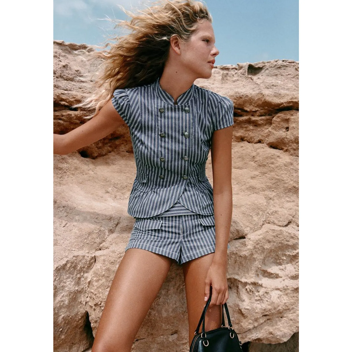 High Collar Bubble Short Sleeve Striped Double Button Top with Low Waist Casual  Shorts Women's Fashion Summer Outfit Set