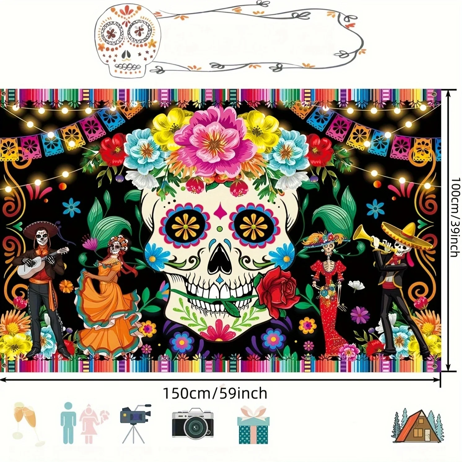 Hintergrundwand für mexikanische Festivals, Polyester, Foto-Display-Standdekoration, geeignet für die Day of the Dead-Dekoration