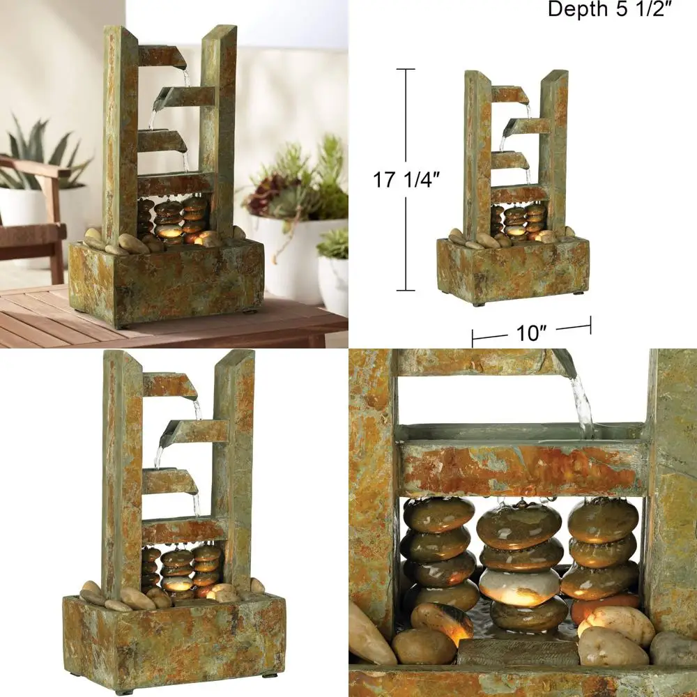 

"small modern slate stone indoor decor fountain with tiered waterfall and light, 17.25 inches tall"