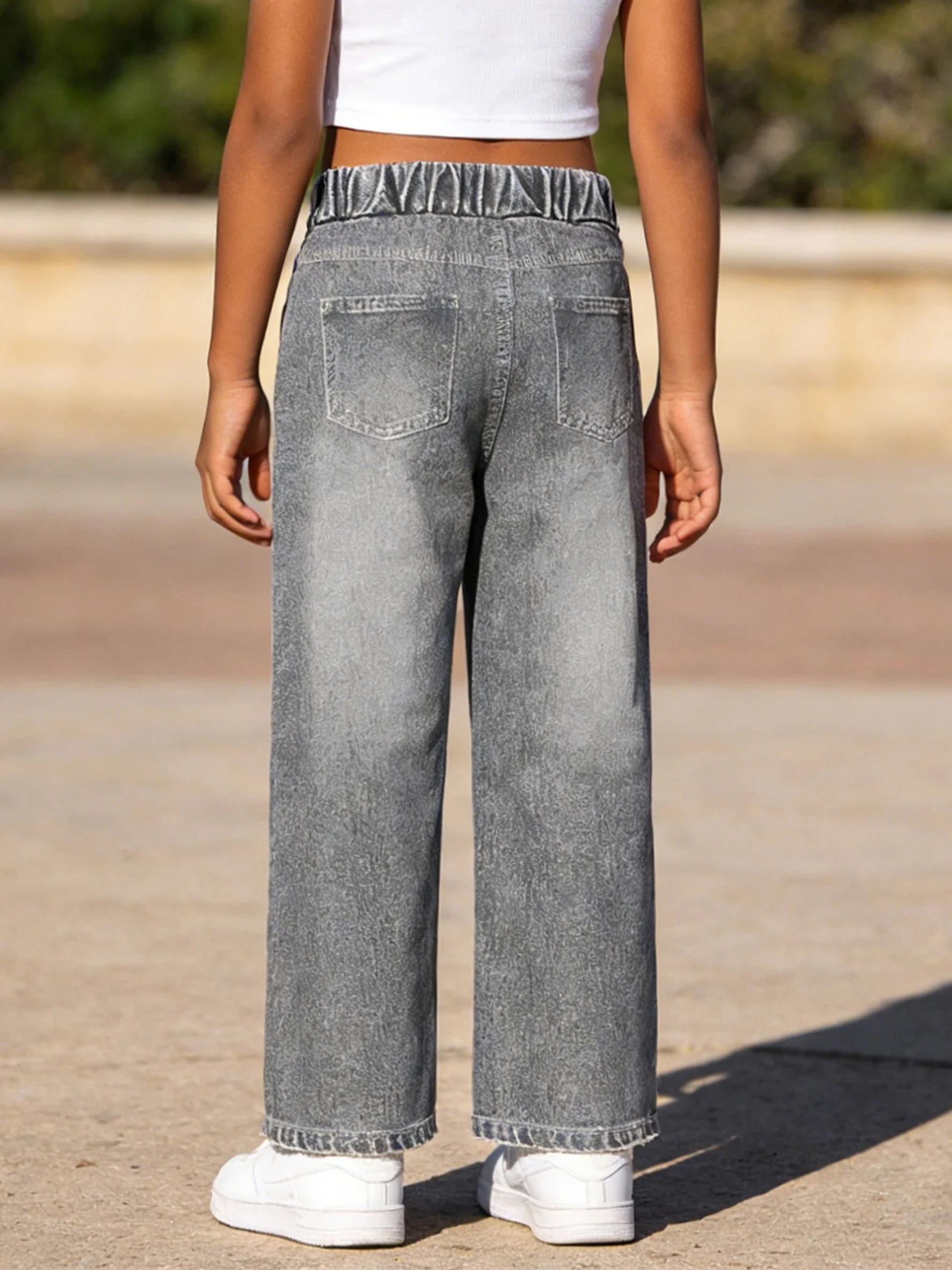 2026 children's gray imitation denim wide-leg pants, old and ripped, sweet vitality girl